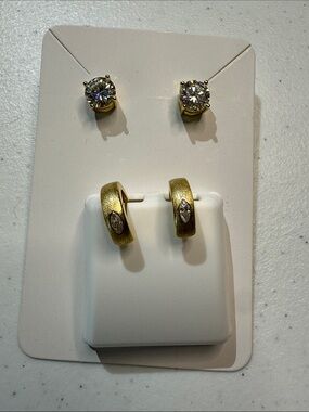 Gold Tone Crystal Stud & Hoop Earring Bundle/ Sparkly Set